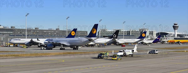 Apron of Munich Airport ""Franz Josef Strauss"" with airplanes