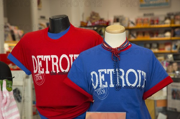 T-shirts on sale in a gift shop at Detroit Metro Airport
