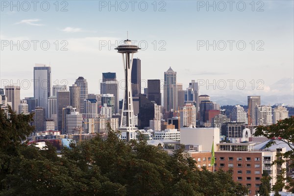 Skyline of Downtown Seattle with the Space Needle and Mt Rainier