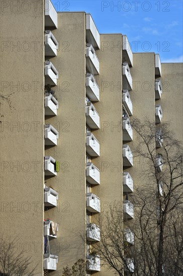 Concrete balconies of a high-rise residential apartment building from the seventies in the satellite city of Neuperlach