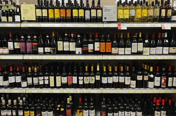 Wine on the shelves of a supermarket