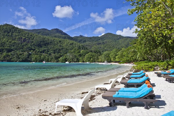 Sunloungers on the beach of the Ephelia Resort at Port Launay Marine National Park