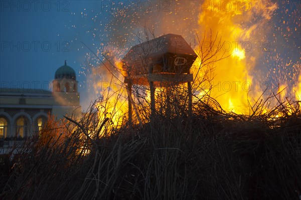 Burning 'Winter' at the end of the Tuesday procession of the Busojaras Spring festival