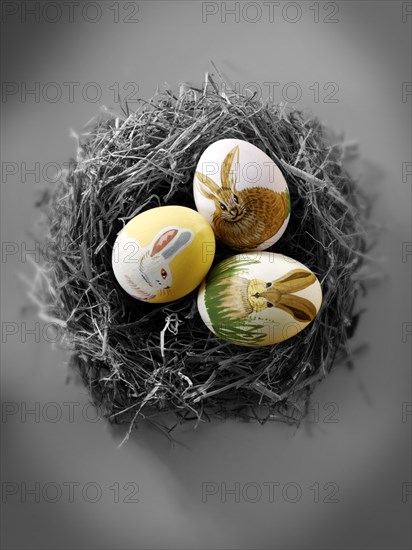 Hand-painted Easter eggs with traditional bunny design