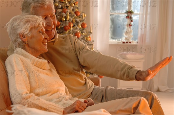 Mature couple in love sitting on a sofa in front of a Christmas tree