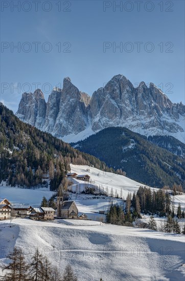 Odle mountains and the town of Santa Maddalena in Val di Funes