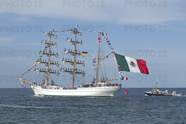 Mexican Bark Cuauhtemoc leaves the Hanse Sail with sailors in the masts