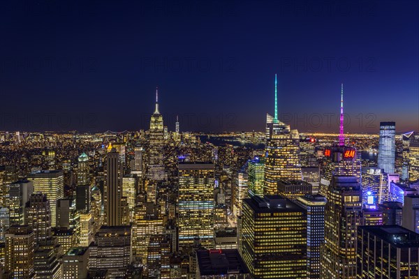 View of Midtown and Downtown Manhattan and Empire State Building from Top of the Rock Observation Center at Night