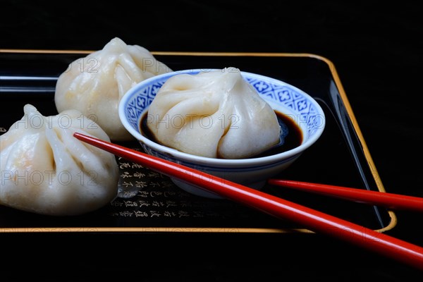 Dim Sum in Chinese bowl with soy sauce