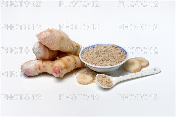 Galangal root and galangal powder in bowl