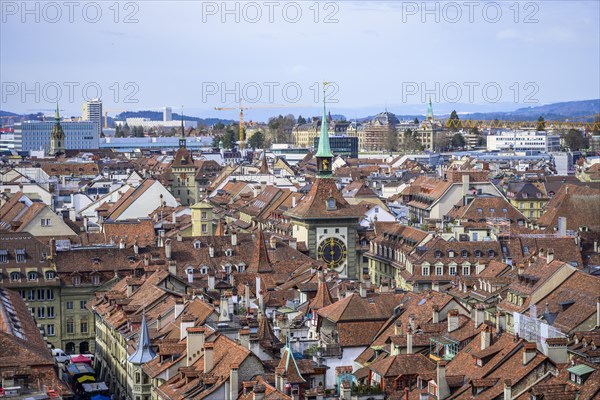 View from Bern Cathedral to the red tiled roofs of the houses in the historic centre of the old town