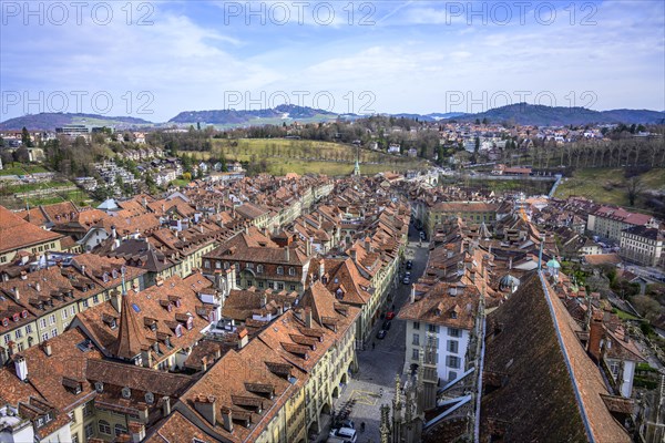 View from Bern Cathedral to the red tiled roofs of the houses in the historic centre of the old town