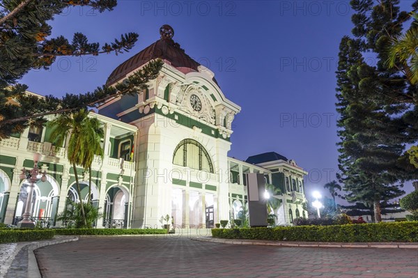 Historic railway station at dusk