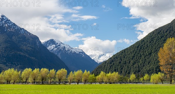 Matukituki River Valley, snow covered mountains