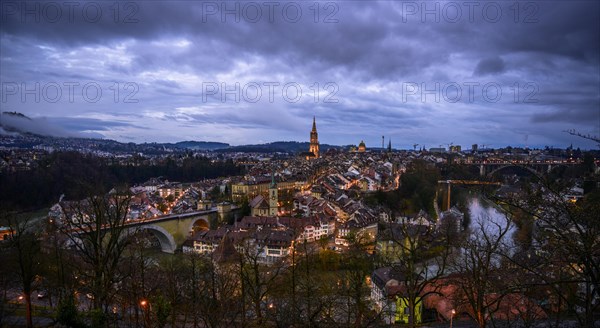 City view at dawn, view from the rose garden to the old town