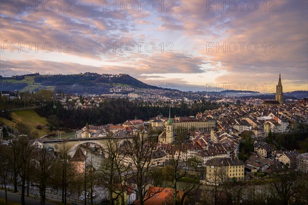 City view at sunrise, view from the rose garden to the old town