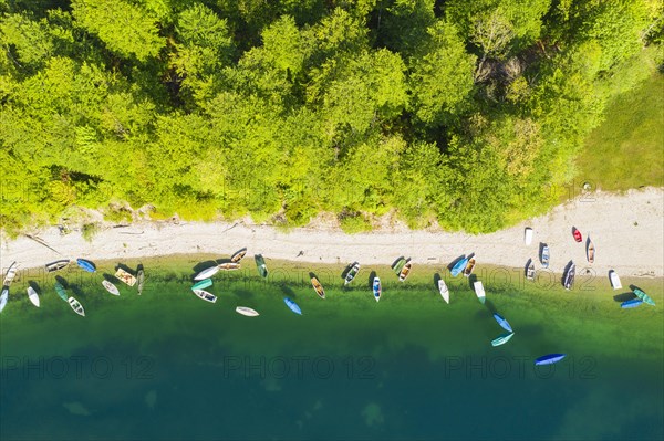 Rowing boats on the lake shore from above