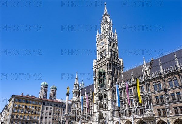 New town hall with Marian column and steeples of the Church of Our Lady