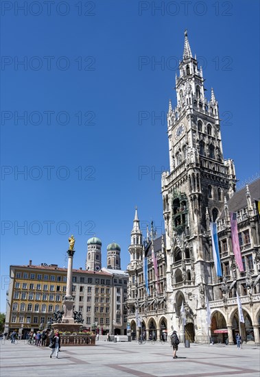 New town hall with Marian column and steeples of the Church of Our Lady