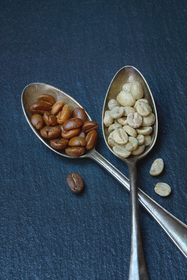 Green coffee and roasted coffee beans in spoon