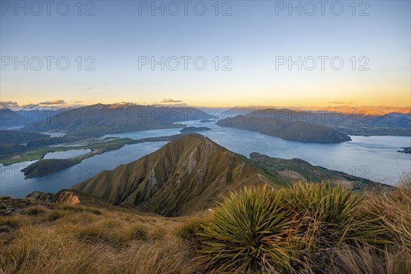 View of mountains and lake from Mount Roy