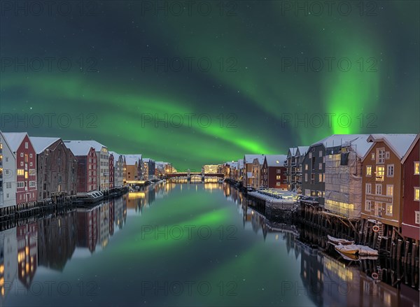 Northern Lights Bakklandet historical warehouses Trondheim Norway