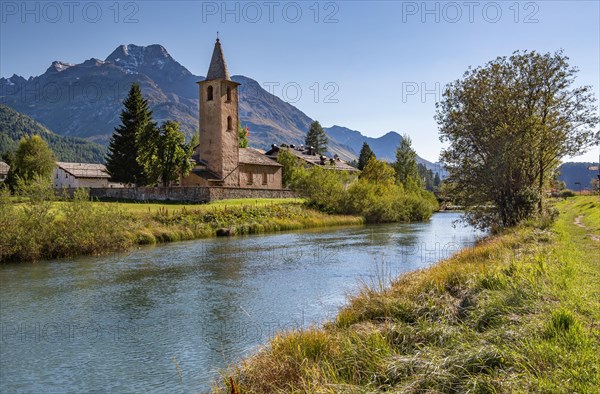 Village church Sils Baselgia on the banks of the Inn