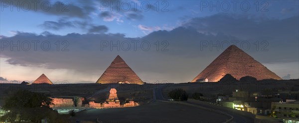 The three main pyramids and sphinx during sound and light show