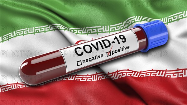 Flag of Iran waving in the wind with a positive Covid-19 blood test tube. 3D illustration