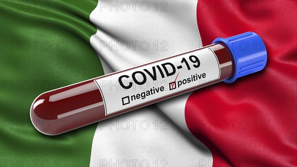 Flag of Italy waving in the wind with a positive Covid-19 blood test tube. 3D illustration