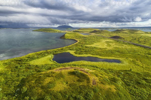 Aerial view of green volcanic crater