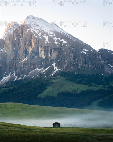 Single hut on foggy meadow in front of Plattkofel