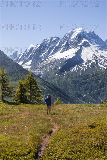 Hiker looking at mountain panorama from Aiguillette des Posettes