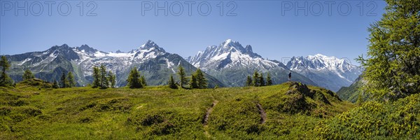 Hiker looking at mountain panorama from Aiguillette de Poisettes