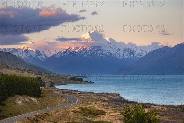 View of Mount Cook with road and lake