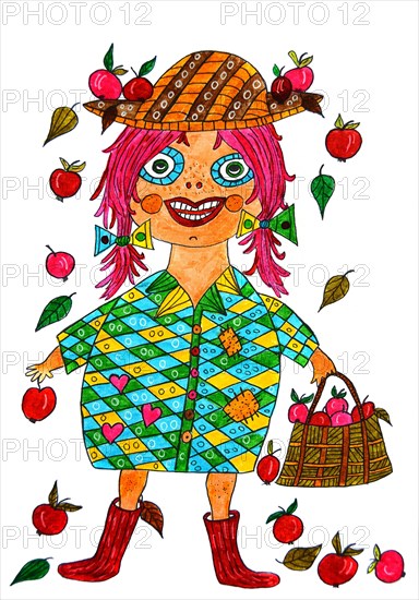Girl with apples and apple basket