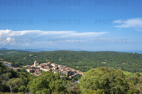 Landscape with the mountain village Ramatuelle and the Massif de l'Esterel in the background