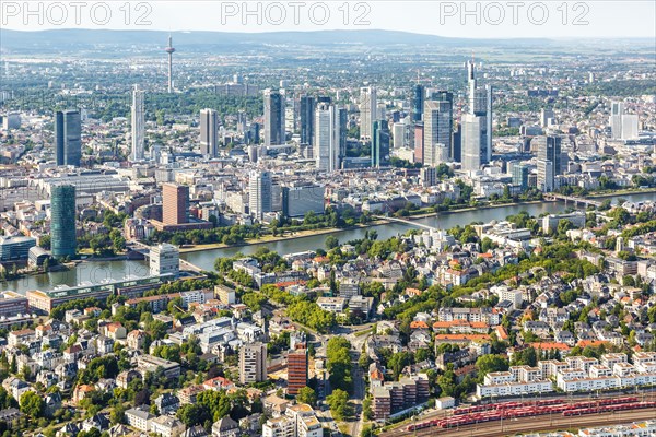 Skyline aerial view river Main railway trains suburban railway skyscrapers city