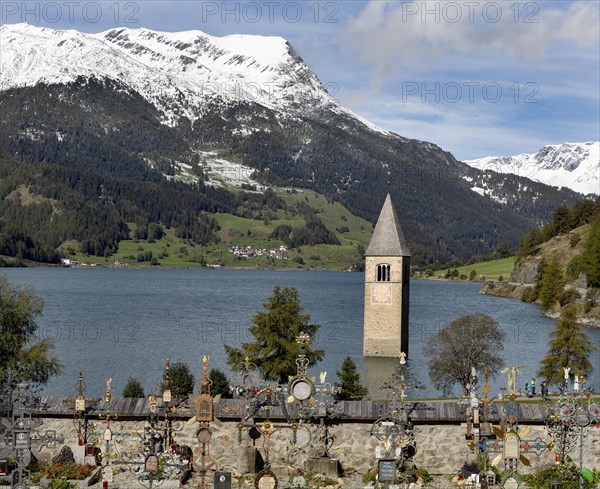 Tower of the parish church of St. Catherine in the Reschensee