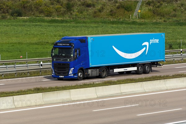 Amazon Prime parcel logistics truck drives on the A8 motorway near Jettingen