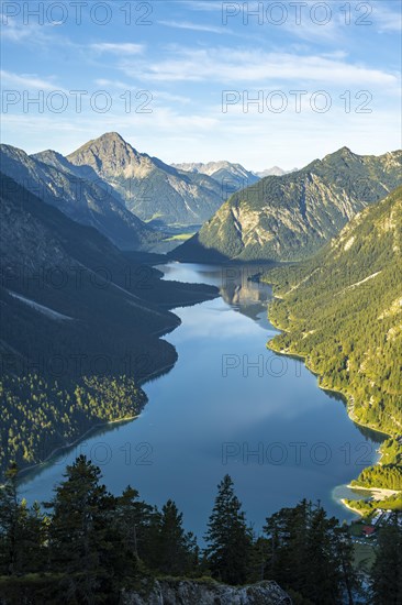 View from the summit of Schoenjoechl to Plansee and mountains