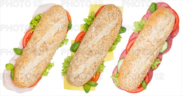 Rolls Wholemeal Baguette Cheese Salami Ham from above cut out isolated