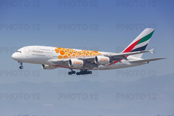 An Emirates Airbus A380-800 aircraft with registration number A6-EOE lands at Los Angeles Airport