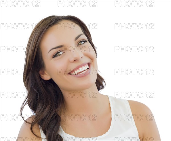 Attractive young adult woman headshot portrait isolated on a white background