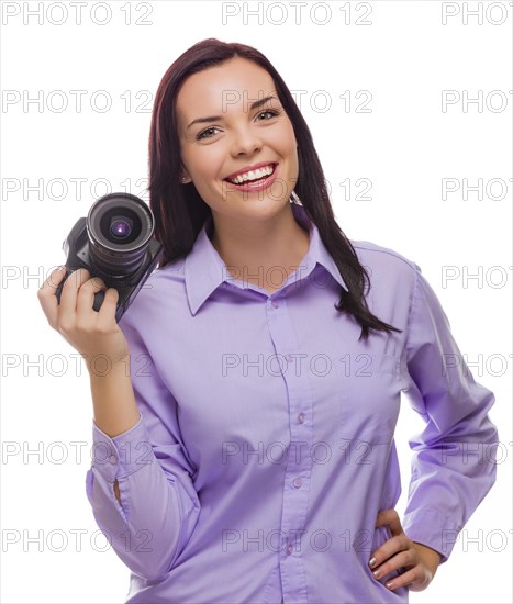 Attractive mixed-race young woman with DSLR camera isolated on a white background