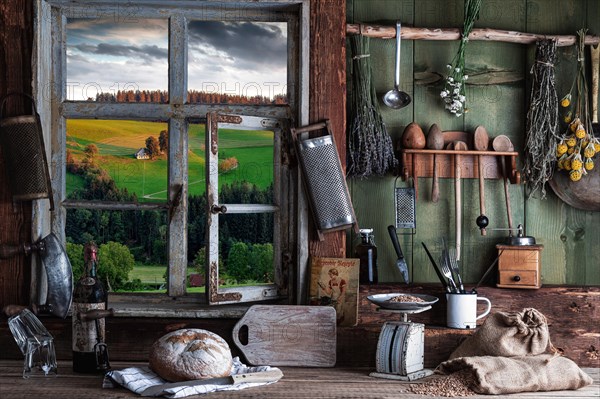 Rustic farm kitchen with utensils