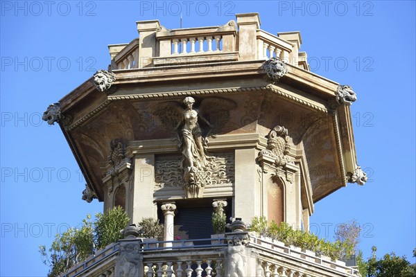 Tower of the Palazzi degli Ambasciatori Embassy palaces with archway to the Quartiere Coppede