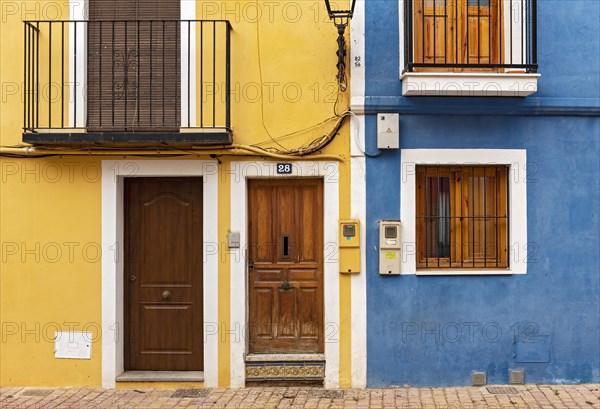 Close-up of colorful windows and doors of fishermen's houses in Villajoyosa