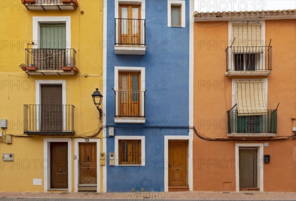 Close-up of colorful windows and doors of fishermen's houses in Villajoyosa
