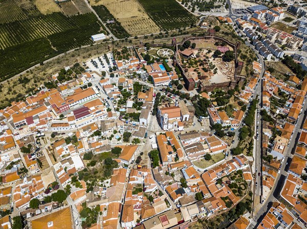 Aerial view of Silves with Moorish castle and historic cathedral